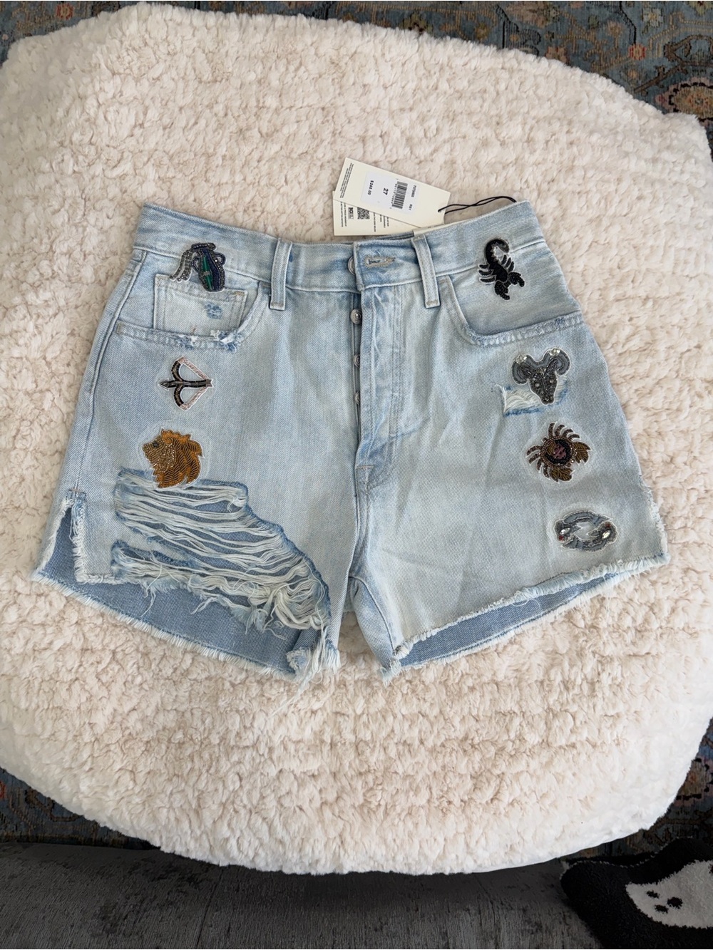 7 For All Mankind Light Blue Embellished Distressed Denim Shorts